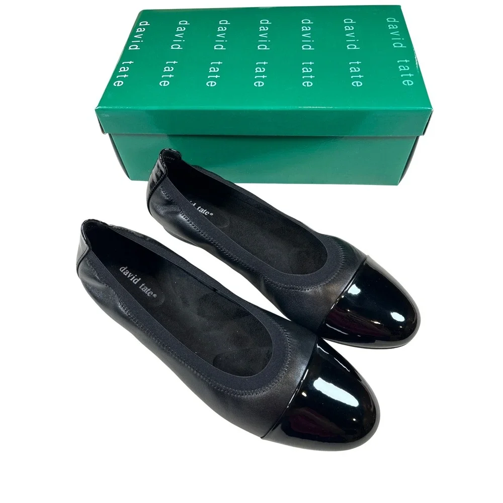 David Tate Nikki Black Nappa Patent Cap Toe Ballet Flats 11 WW New‎ in Box